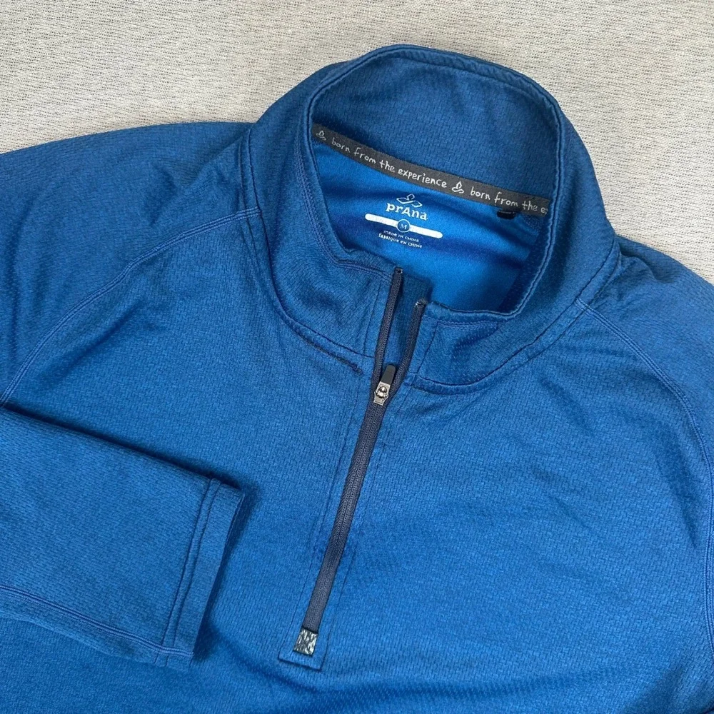 Prana 1/4 Zip Pullover Mens M‎ Blue Textured Grid Fleece Jacket Outdoors Hiking